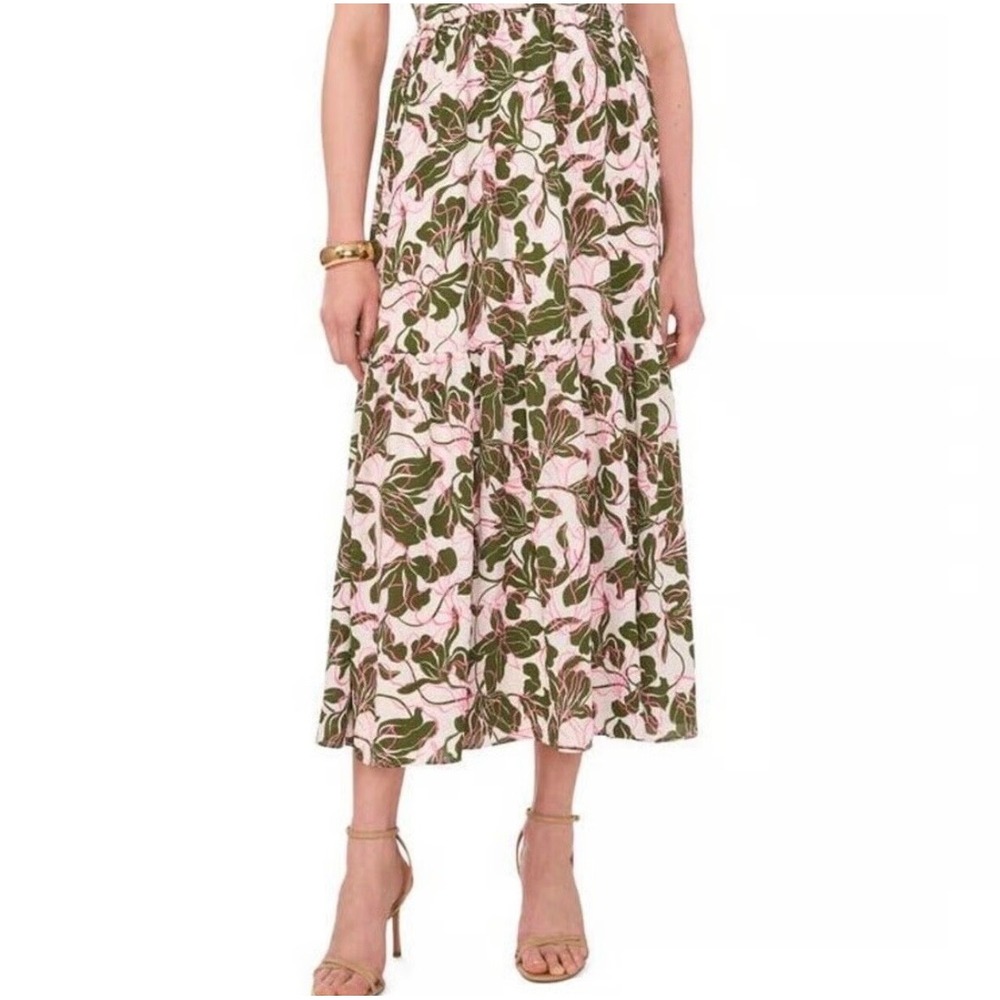 Parker Floral Tiered White Green Midi Skirt Size 6 Modest Formal Party High Rise
